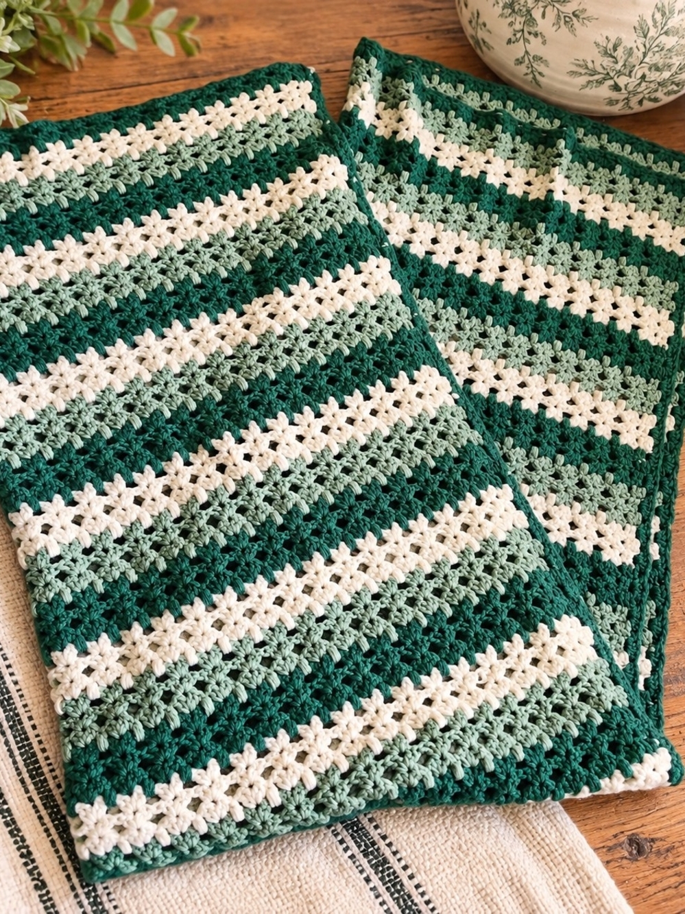 Handmade Striped Crochet 80" X 44" Green & White Afghan Blanket Kitschy